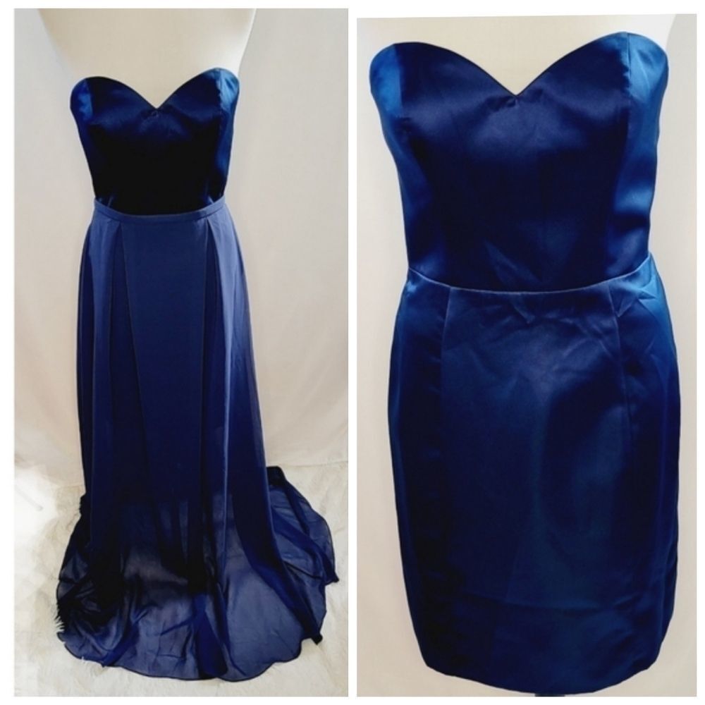 Allure Bridesmaids 1671 Navy Blue Satin Chiffon Gown Detachable Skirt Size 10